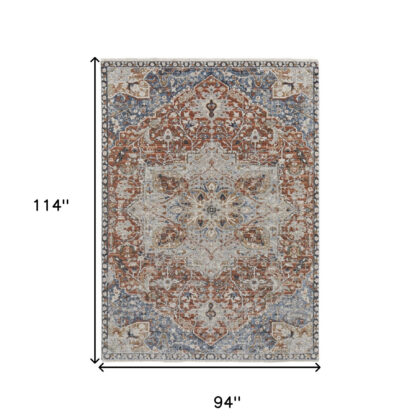 8' X 10' Orange Ivory And Blue Floral Power Loom Area Rug With Fringe