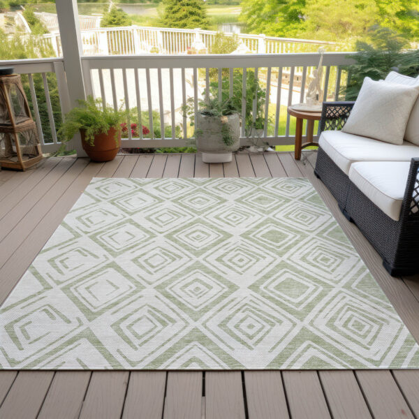 8' X 10' Artichoke Green And Ivory Geometric Washable Indoor Outdoor Area Rug
