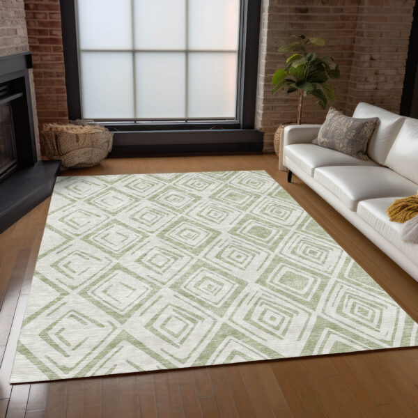 8' X 10' Artichoke Green And Ivory Geometric Washable Indoor Outdoor Area Rug