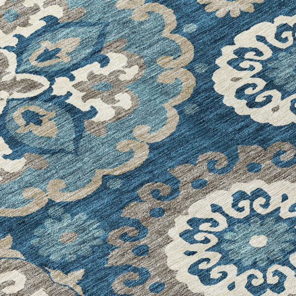 8' X 10' Navy Blue And Taupe Floral Medallion Washable Indoor Outdoor Area Rug
