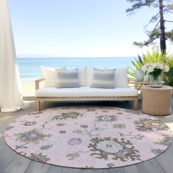 8' Pink Ivory And Chocolate Round Floral Washable Indoor Outdoor Area Rug