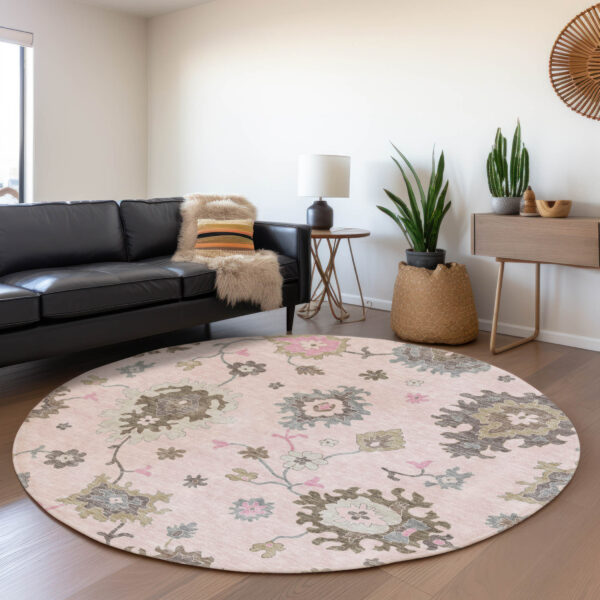 8' Pink Ivory And Chocolate Round Floral Washable Indoor Outdoor Area Rug