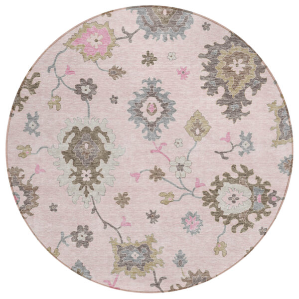 8' Pink Ivory And Chocolate Round Floral Washable Indoor Outdoor Area Rug