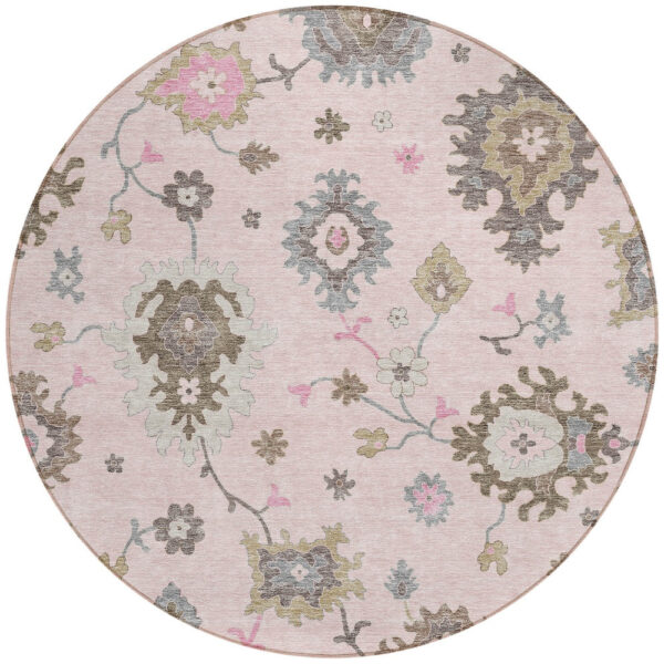 8' Pink Ivory And Chocolate Round Floral Washable Indoor Outdoor Area Rug