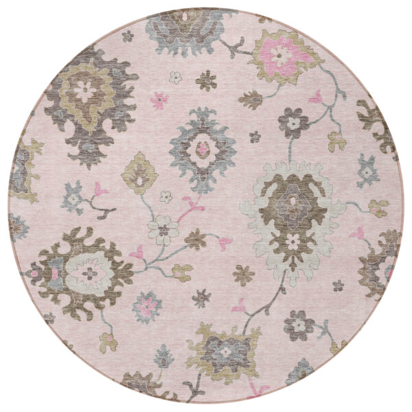 8' Pink Ivory And Chocolate Round Floral Washable Indoor Outdoor Area Rug