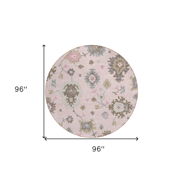 8' Pink Ivory And Chocolate Round Floral Washable Indoor Outdoor Area Rug