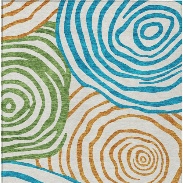 5' X 8' White Orange And Teal Blue Abstract Washable Indoor Outdoor Area Rug