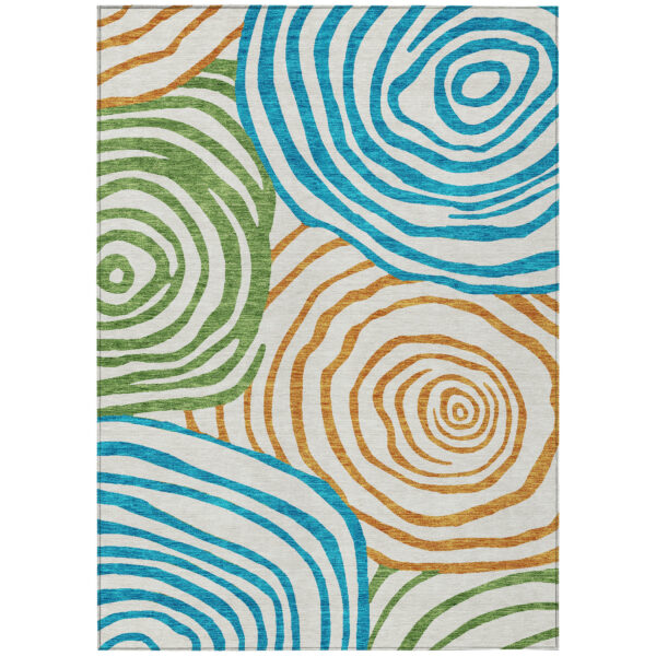 5' X 8' White Orange And Teal Blue Abstract Washable Indoor Outdoor Area Rug