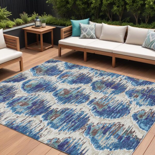8' X 10' Denim Blue And Sky Blue Abstract Washable Indoor Outdoor Area Rug