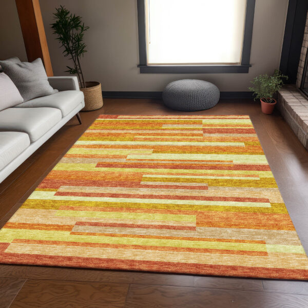 8' X 10' Orange Salmon And Lime Green Striped Washable Indoor Outdoor Area Rug