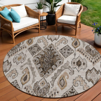 8' Brown And Beige Round Moroccan Washable Indoor Outdoor Area Rug