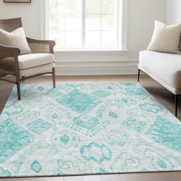 9' X 12' Teal Blue Aqua And Ivory Moroccan Washable Indoor Outdoor Area Rug
