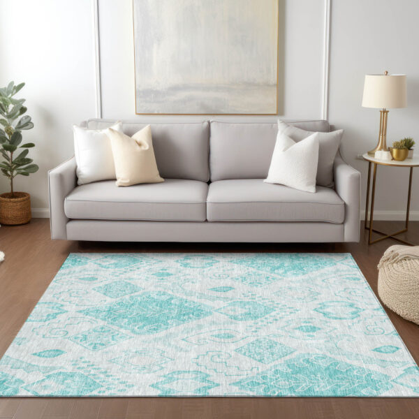 9' X 12' Teal Blue Aqua And Ivory Moroccan Washable Indoor Outdoor Area Rug