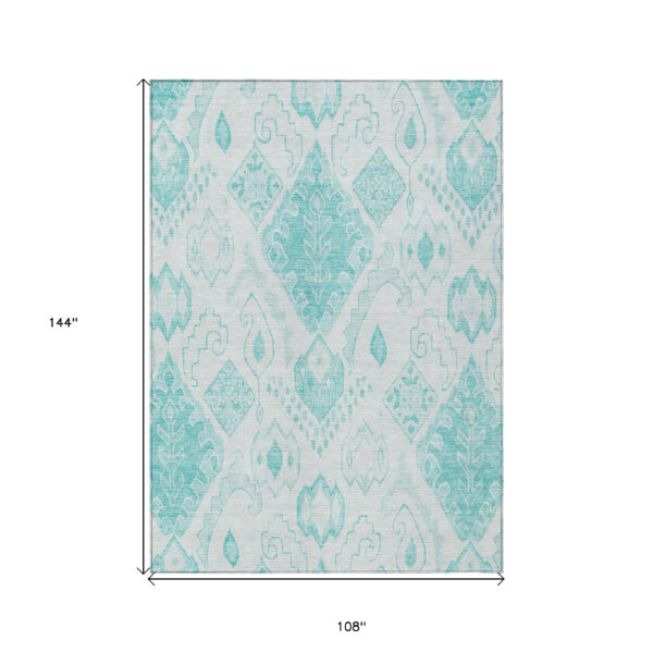 9' X 12' Teal Blue Aqua And Ivory Moroccan Washable Indoor Outdoor Area Rug