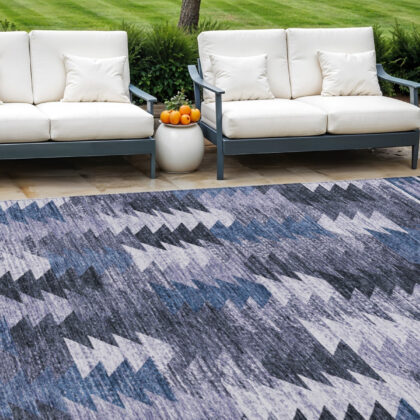 9' X 12' Navy Blue And Sky Blue Southwestern Washable Indoor Outdoor Area Rug