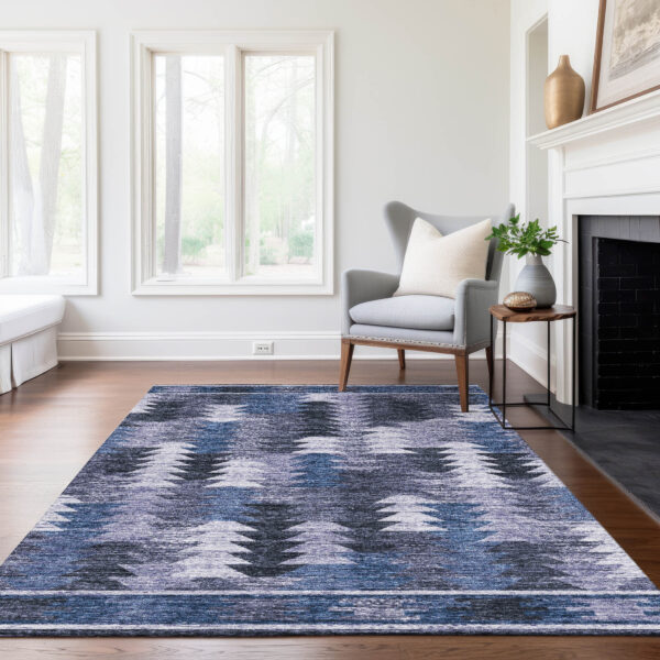 9' X 12' Navy Blue And Sky Blue Southwestern Washable Indoor Outdoor Area Rug