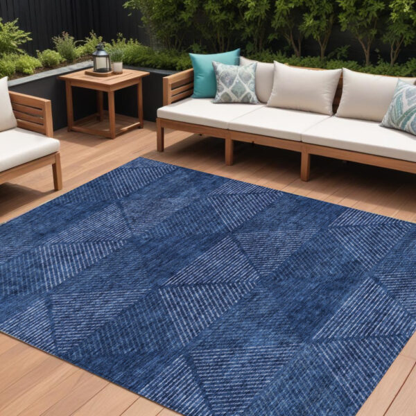 9' X 12' Navy Blue And Sky Blue Geometric Washable Indoor Outdoor Area Rug