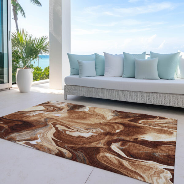 3' X 5' Orange Copper And Ivory Abstract Washable Indoor Outdoor Area Rug