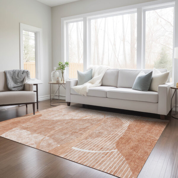 3' X 5' Salmon Copper And Ivory Abstract Washable Indoor Outdoor Area Rug