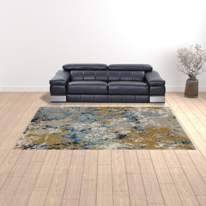 9' X 12' Gold Grey And Ivory Abstract Power Loom Stain Resistant Area Rug