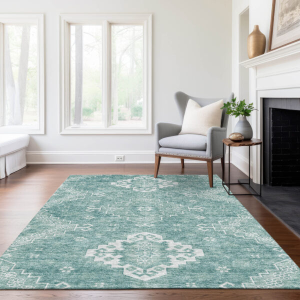 10' X 14' Aqua Teal Blue And Ivory Medallion Washable Indoor Outdoor Area Rug
