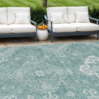 10' X 14' Aqua Teal Blue And Ivory Medallion Washable Indoor Outdoor Area Rug