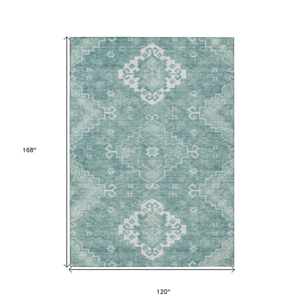 10' X 14' Aqua Teal Blue And Ivory Medallion Washable Indoor Outdoor Area Rug