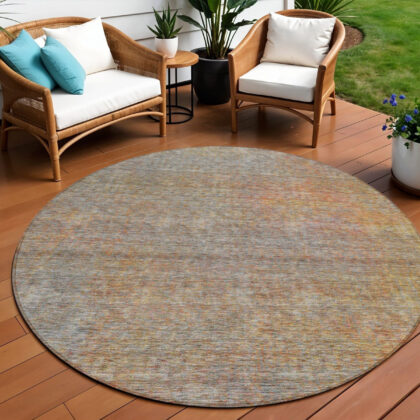 8' Gray Charcoal And Orange Round Abstract Washable Indoor Outdoor Area Rug