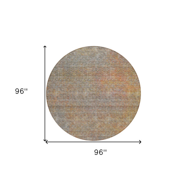 8' Gray Charcoal And Orange Round Abstract Washable Indoor Outdoor Area Rug