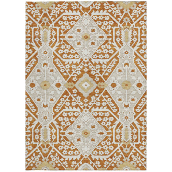 3' X 5' Orange Beige And Gold Floral Washable Indoor Outdoor Area Rug