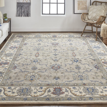 9' X 12' Taupe Ivory And Blue Wool Floral Tufted Handmade Stain Resistant Area Rug