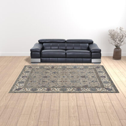 9' X 12' Taupe Ivory And Blue Wool Floral Tufted Handmade Stain Resistant Area Rug