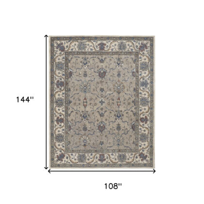 9' X 12' Taupe Ivory And Blue Wool Floral Tufted Handmade Stain Resistant Area Rug
