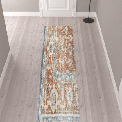 10' Denim Blue Oriental Power Loom Distressed Washable Runner Rug