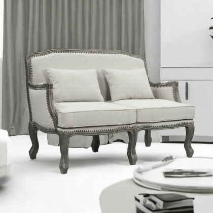 56" Cream And Gray Linen Loveseat and Toss Pillows