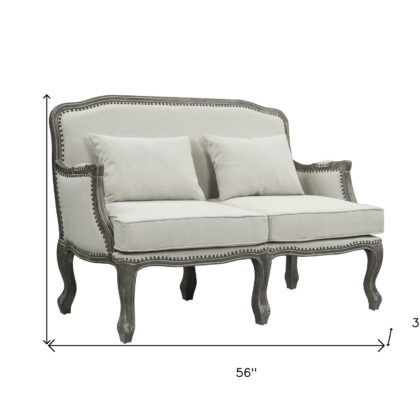 56" Cream And Gray Linen Loveseat and Toss Pillows
