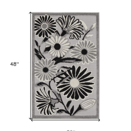 3' X 4' Black and White Floral Indoor Outdoor Area Rug