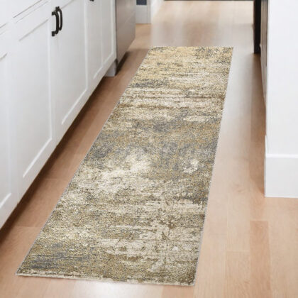 8' Gold and Ivory Abstract Power Loom Runner Rug
