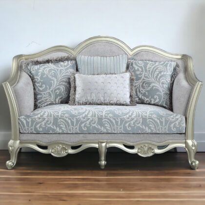 66" Light Gray Damask Linen And Champagne Curved Loveseat and Toss Pillows