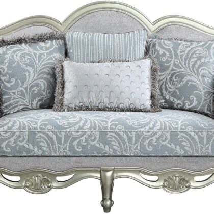 66" Light Gray Damask Linen And Champagne Curved Loveseat and Toss Pillows