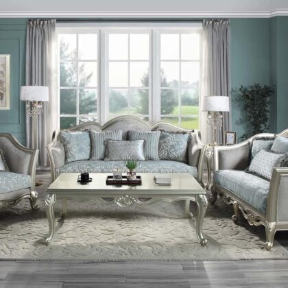 66" Light Gray Damask Linen And Champagne Curved Loveseat and Toss Pillows