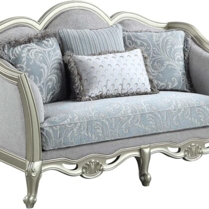 66" Light Gray Damask Linen And Champagne Curved Loveseat and Toss Pillows