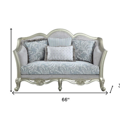 66" Light Gray Damask Linen And Champagne Curved Loveseat and Toss Pillows