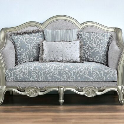 66" Light Gray Damask Linen And Champagne Curved Loveseat and Toss Pillows
