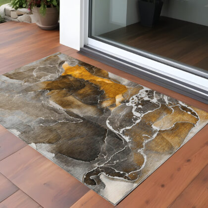 3' X 5' Brown and Gray Abstract Washable Non Skid Indoor Outdoor Area Rug