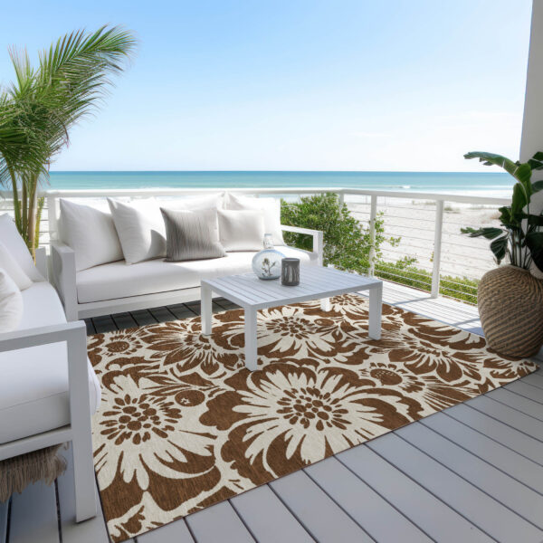 5' X 8' Brown and Ivory Floral Washable Non Skid Indoor Outdoor Area Rug