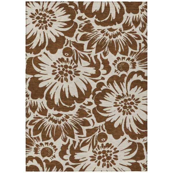 5' X 8' Brown and Ivory Floral Washable Non Skid Indoor Outdoor Area Rug