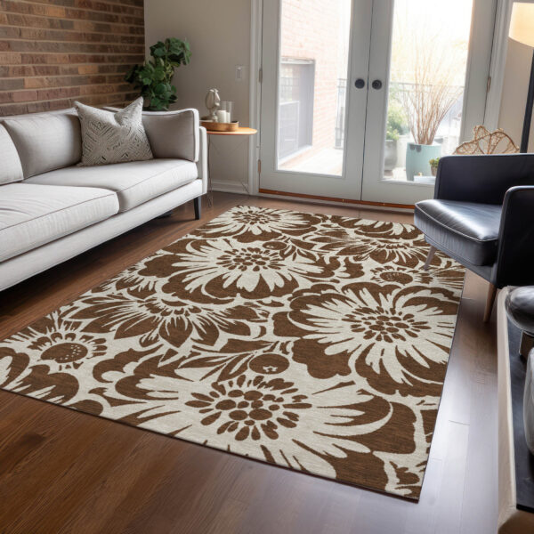 5' X 8' Brown and Ivory Floral Washable Non Skid Indoor Outdoor Area Rug