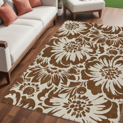 5' X 8' Brown and Ivory Floral Washable Non Skid Indoor Outdoor Area Rug
