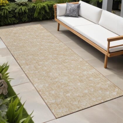 2' X 8' Beige Geometric Washable Indoor Outdoor Runner Rug